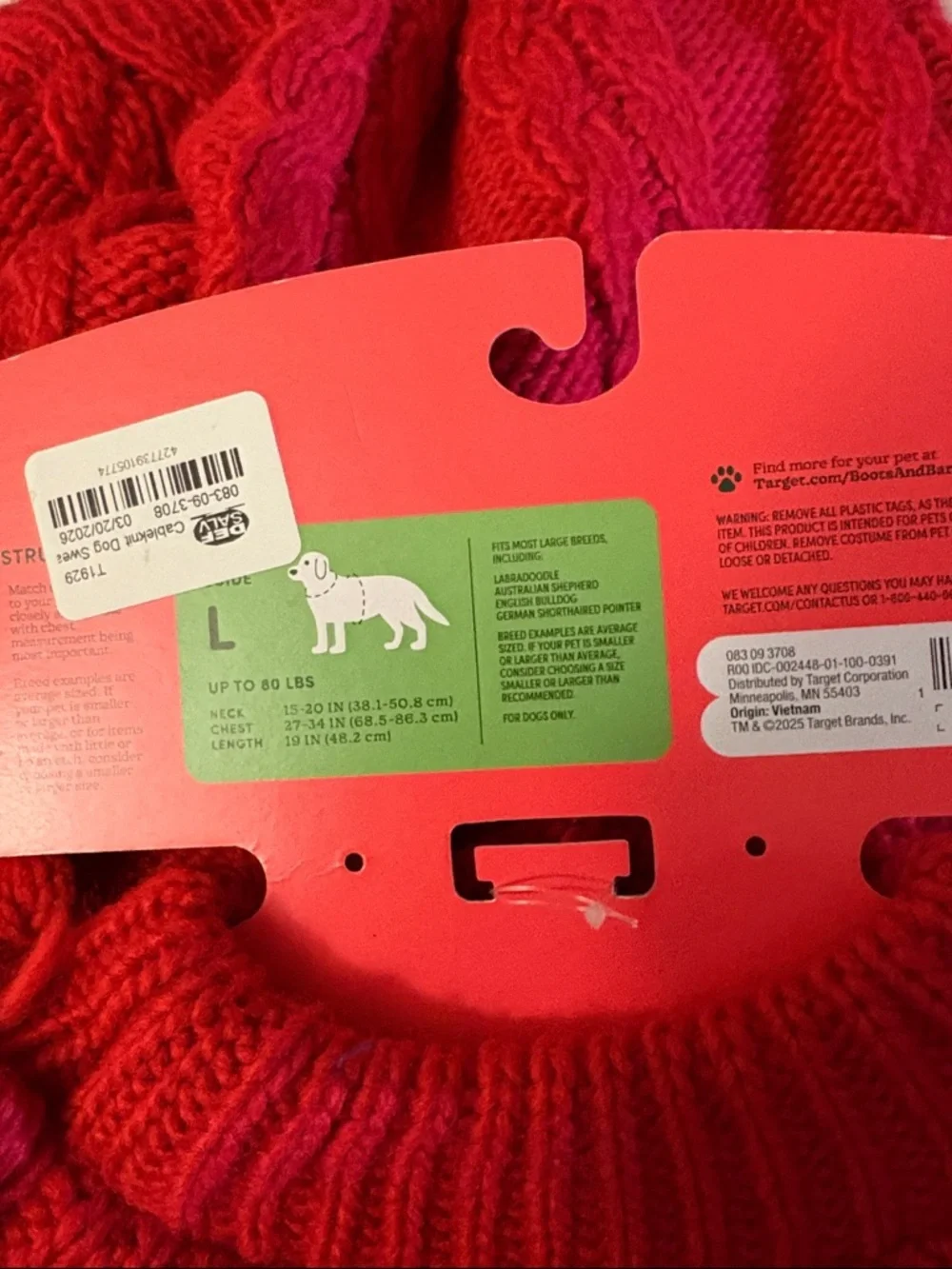 NWT-Large Dog Red cable knit sweater Soft, warm and comfortable
